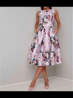 Chi Chi London Floral Fit-and-Flare Midi Dress in Lavender Pink UK 16